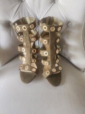 Women's Olive Suede Strappy Grommet Heels Size7